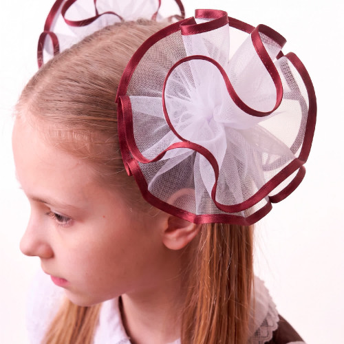 Фатиновый бант Белый с Бордовой окантовкой на резинке (пара) для школы и выпускного